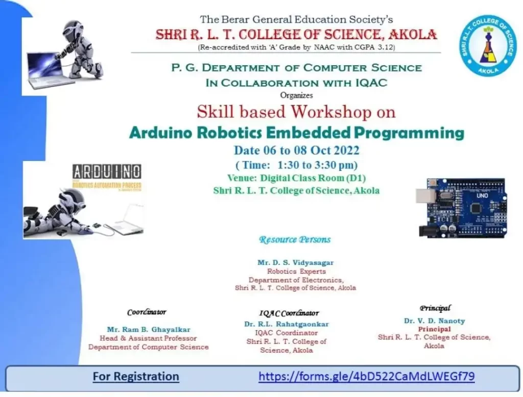 Arduino Robotics Embedded Programming Workshop at RLT Vidyasagar Academy Akola