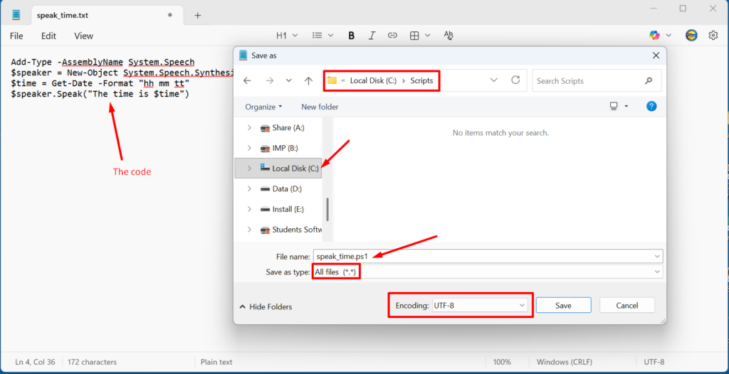 create a text file and paste the code and then save the file as speak_time.ps1