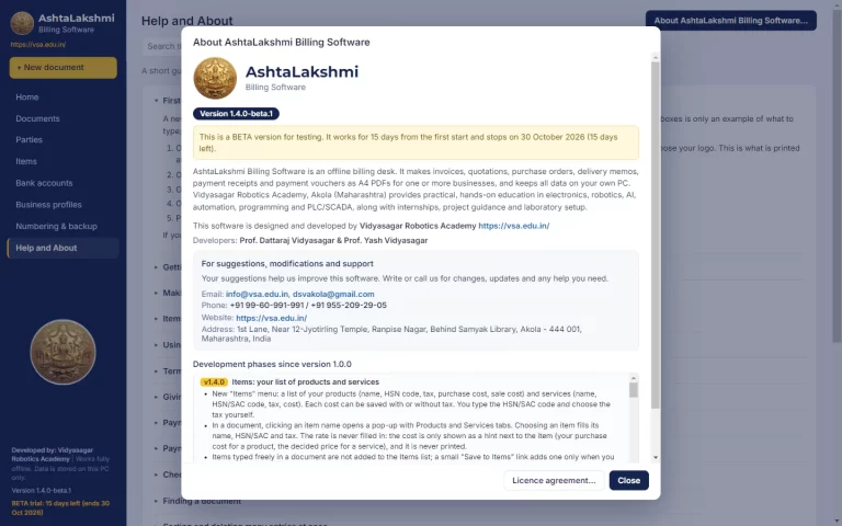 About box of AshtaLakshmi Billing Software showing the version, the Beta trial notice, developers and support details