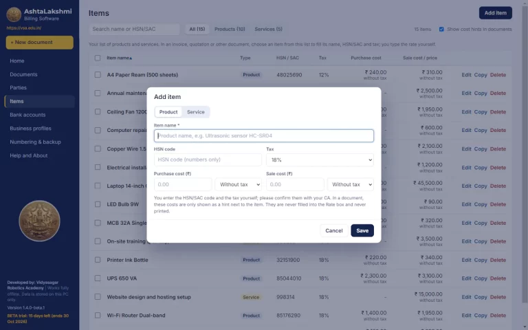 Add item form for a product or service with name, HSN code, tax rate, purchase cost and sale cost