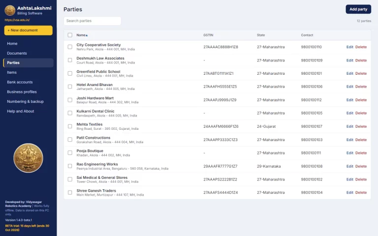 Parties list in AshtaLakshmi Billing Software showing customer names, addresses, GSTIN, state and contact numbers