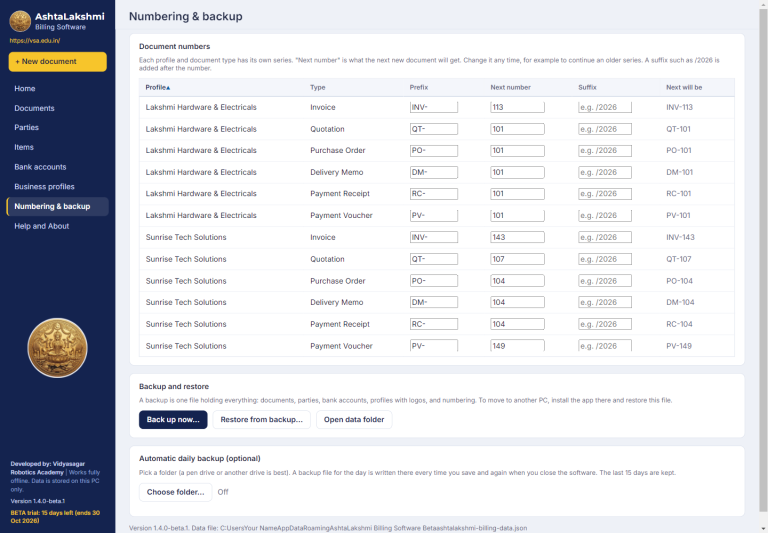 Numbering and backup page with document number series, prefixes, next numbers, suffixes, one-click backup and automatic daily backup