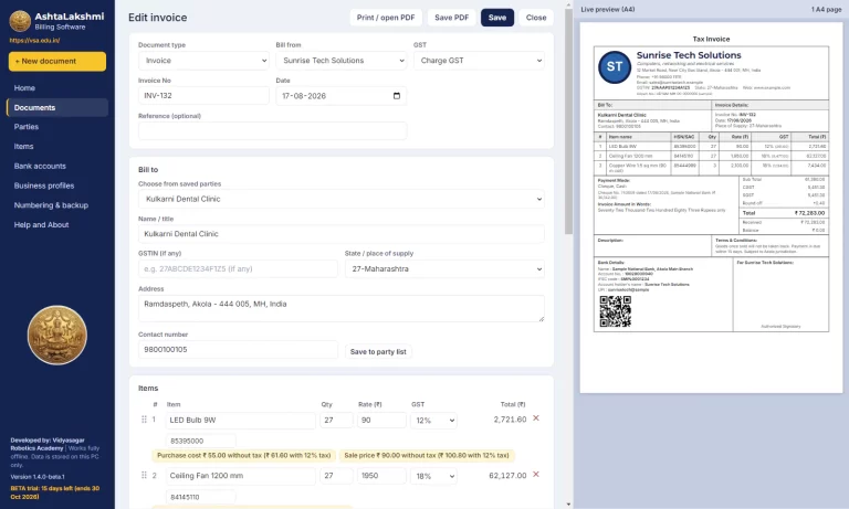 Invoice editor page of AshtaLakshmi Billing Software with the bill form on the left and a live A4 preview on the right