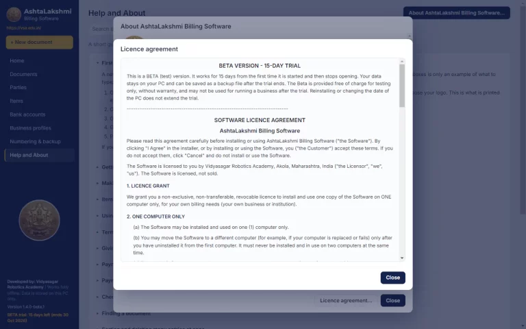 Licence agreement window of AshtaLakshmi Billing Software including the Beta 15-day trial terms