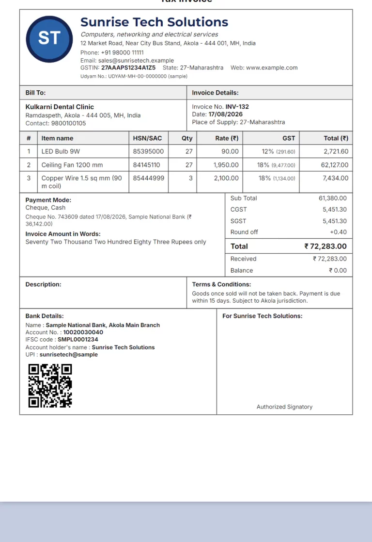 Finished A4 tax invoice with CGST and SGST split, amount in words, bank details, UPI ID and payment QR code
